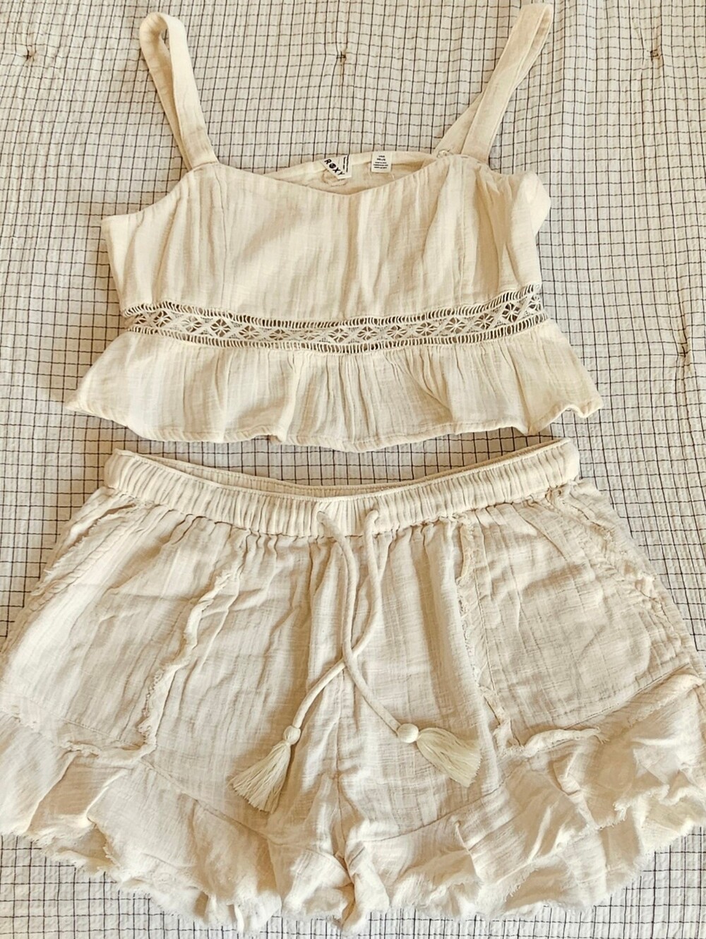 Roxy Cream Two-Piece Ruffled Tank & Drawstring Shorts Set